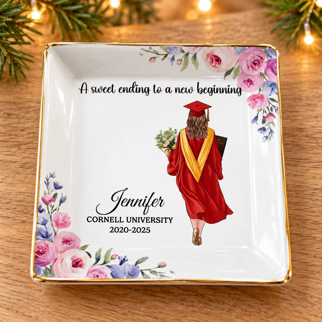 Graduation keepsake ceramic ring dish in a cozy holiday decor setting