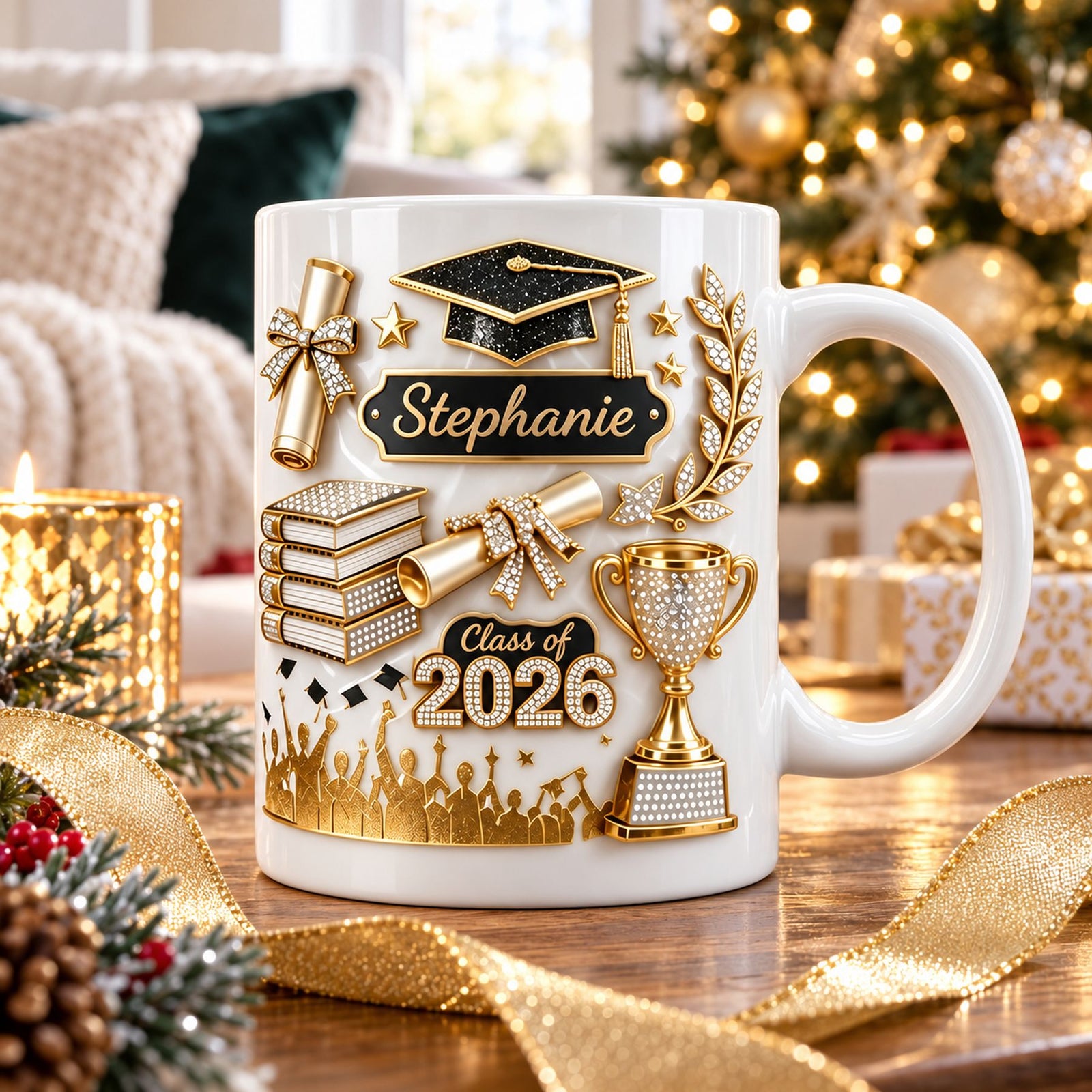 Custom Class of 2026 graduation mug on a coffee table with holiday tree in background