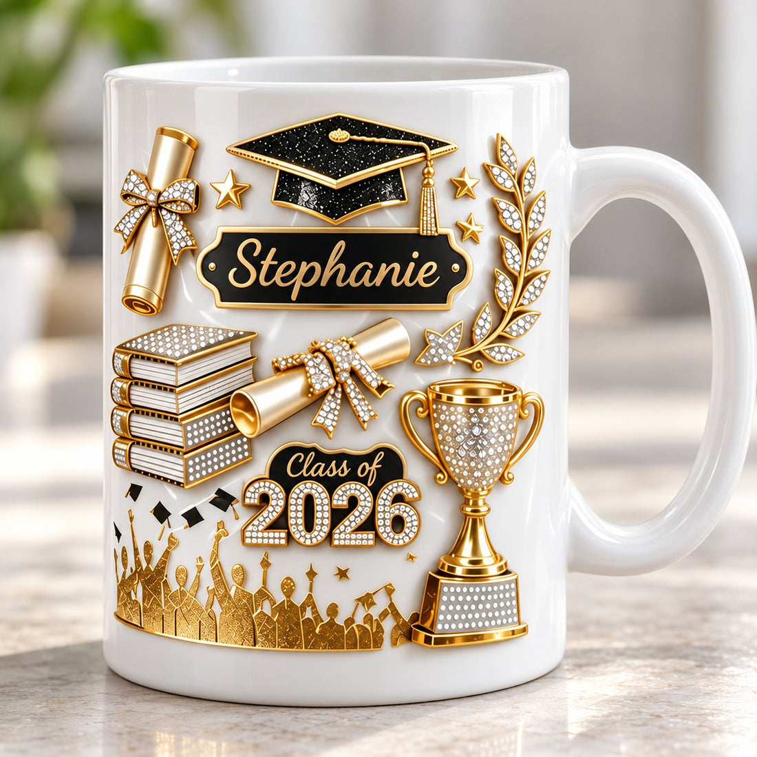 Close-up detail of the 3D effect gold and black print on the ceramic graduation mug