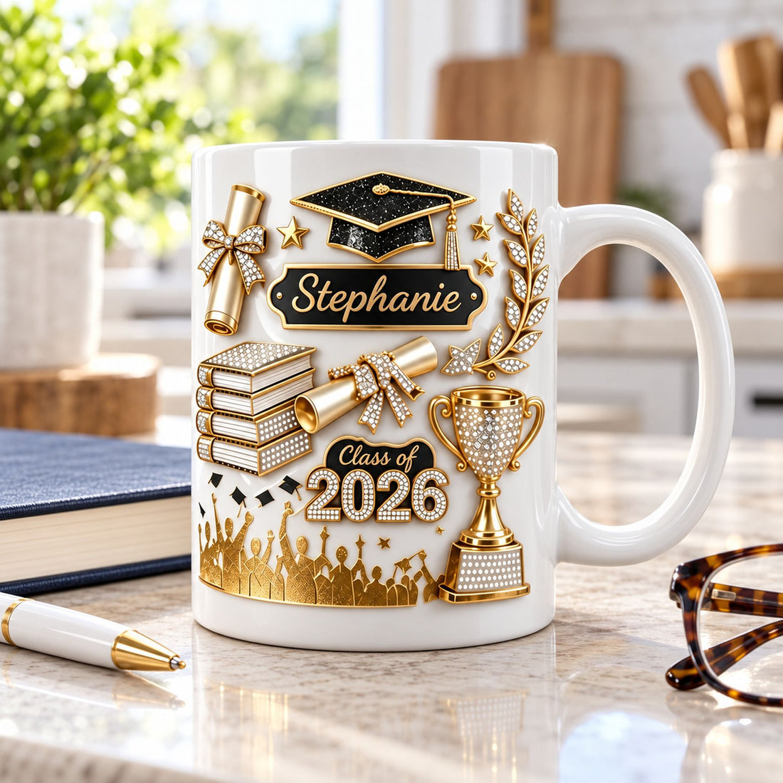 Graduation ceramic mug next to a notebook and eyeglasses showing real size