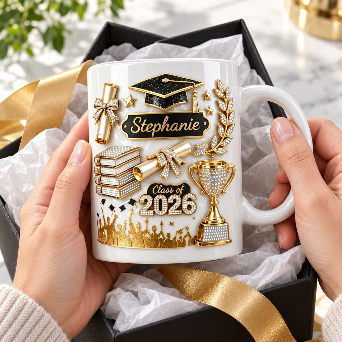 Personalized graduation mug being lifted from a black and gold gift box