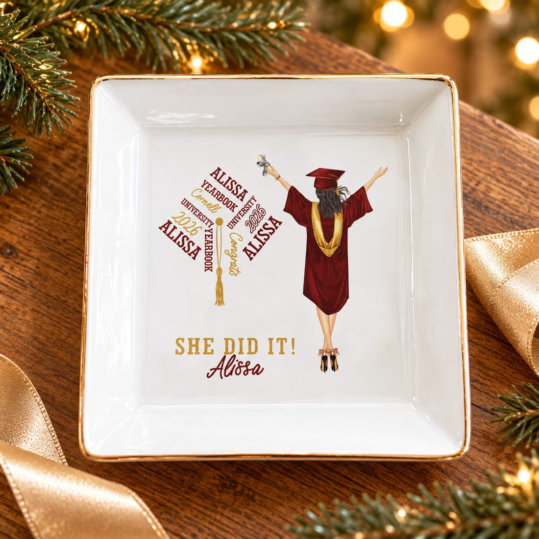 Graduation gift personalized ceramic jewelry dish in a festive holiday setting