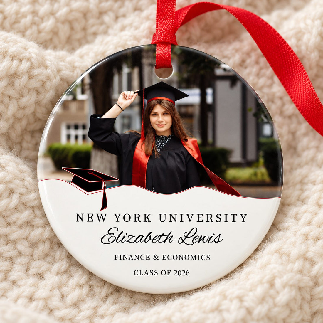Close up detail of personalized ceramic graduation ornament print and glossy finish