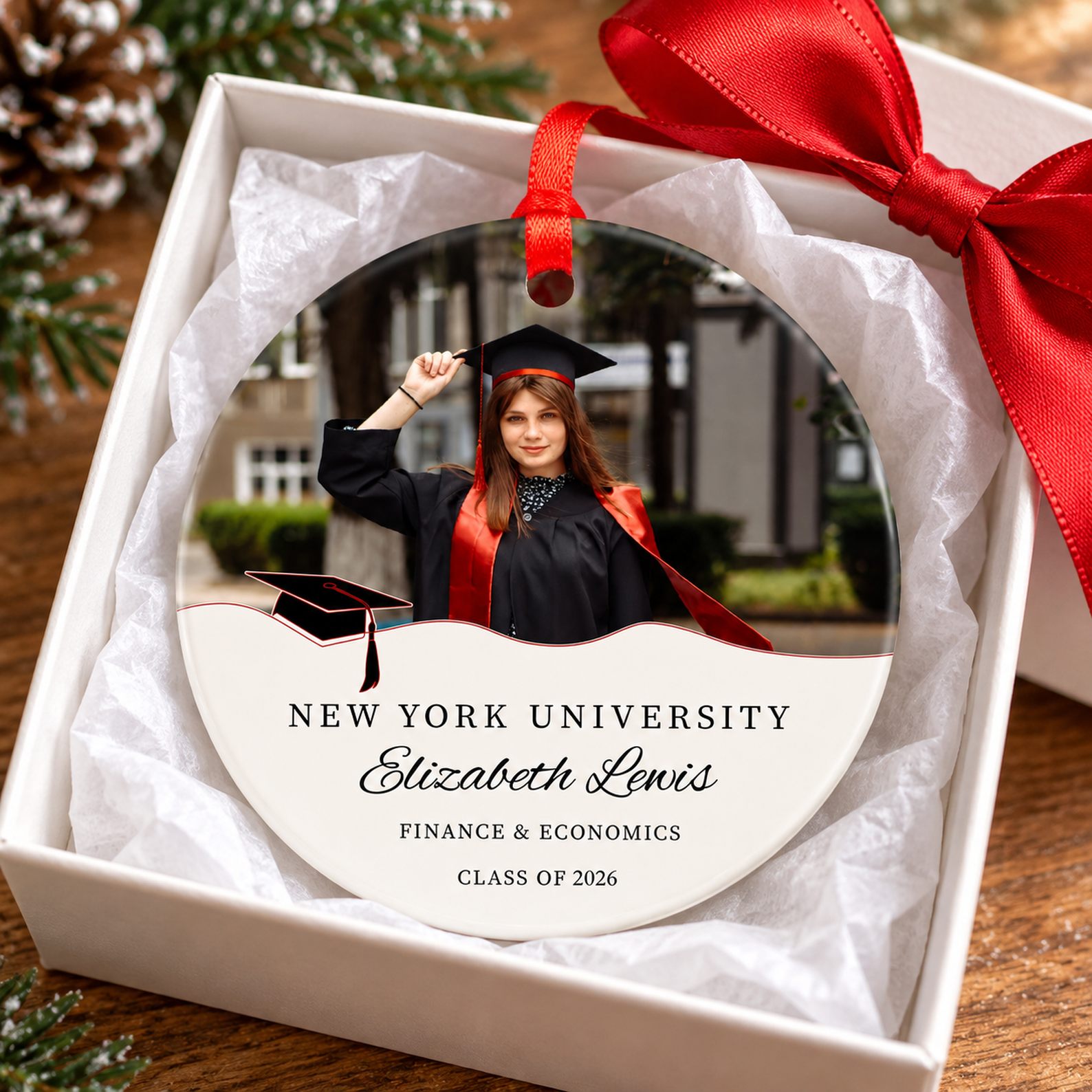Custom photo graduation ceramic ornament in a white gift box with red ribbon