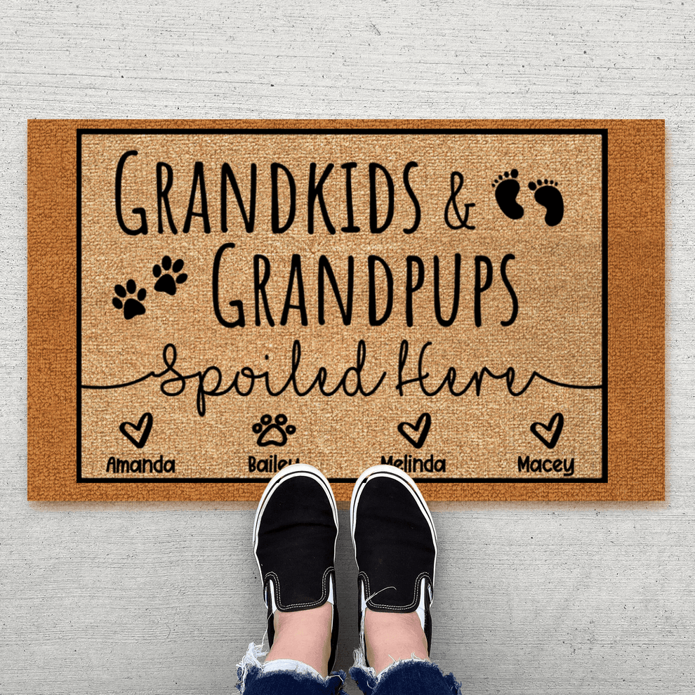 Personalized Grandkids and Grandpups Spoiled Here doormat, main view