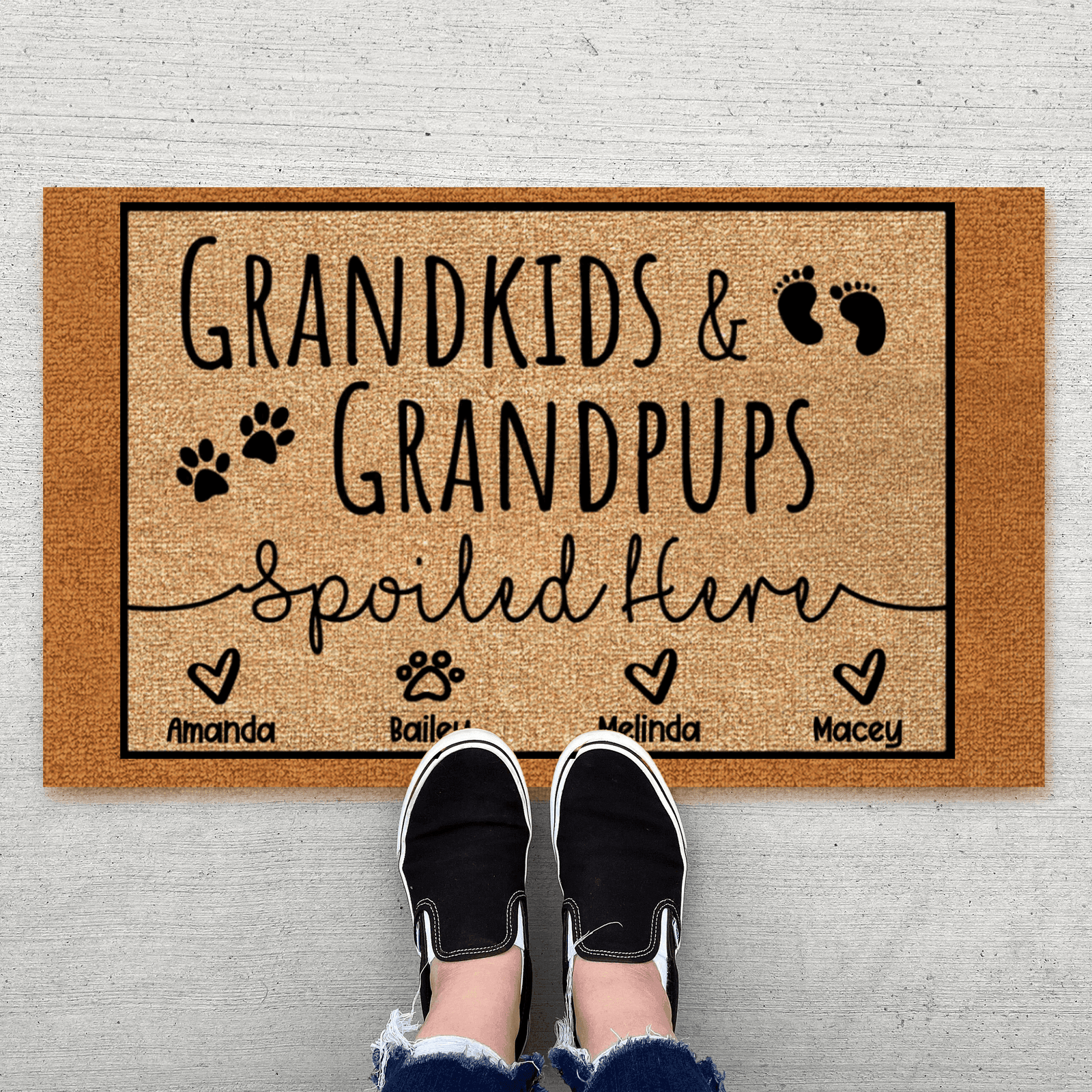 Grandkids and Grandpups Spoiled Here - Personalized Doormat - Birthday, Housewarming, Funny Gift for Homeowners, Grandmas, Grandparents, Dog Mom, Dog Dad, Dog Lovers, Pet Gifts - Suzitee Store