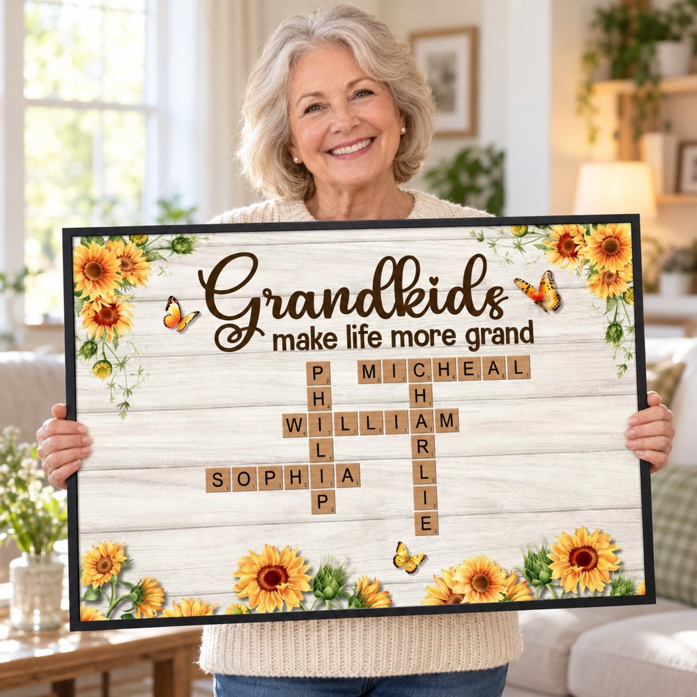 Happy grandma holding her personalized Grandkids crossword puzzle sunflower framed wall art