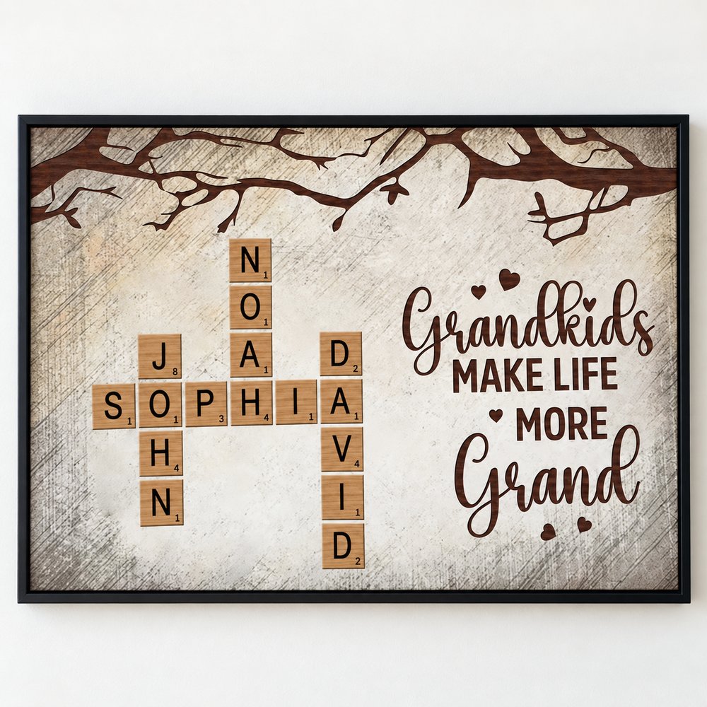 Close up detail of personalized grandkids name crossword tiles on canvas poster print