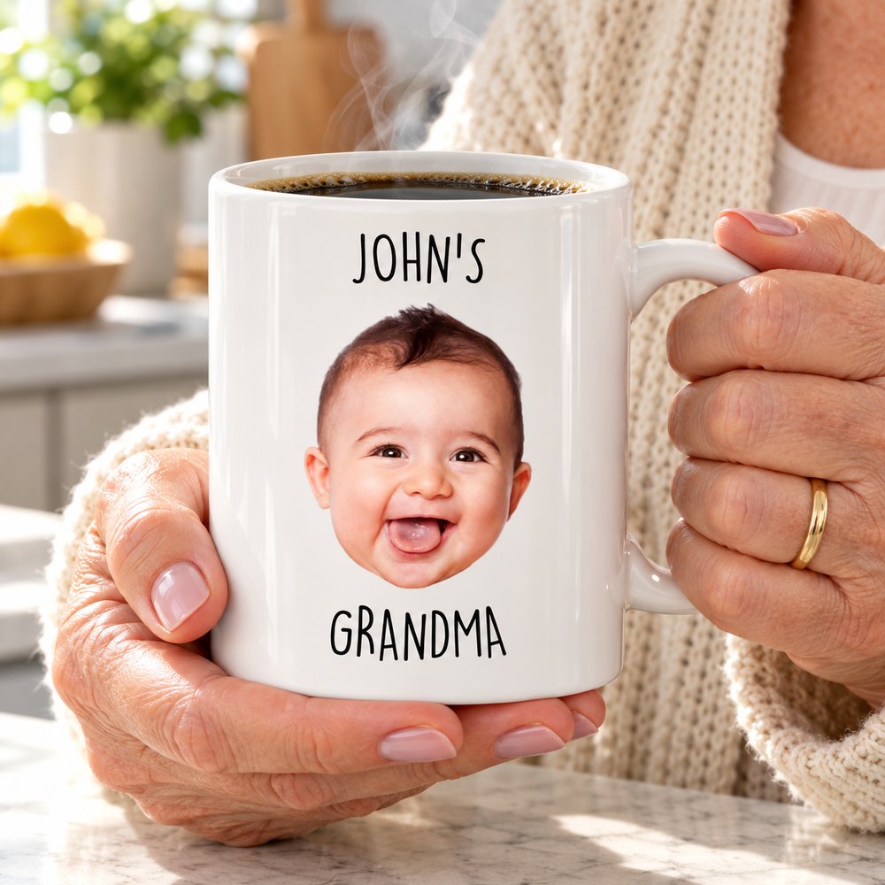 Grandma holding custom baby face photo coffee mug with warm steam rising