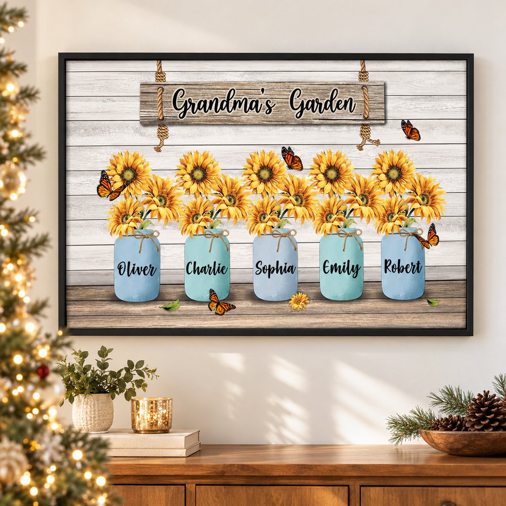 Grandmas Garden sunflower vase personalized framed print on wall next to Christmas tree