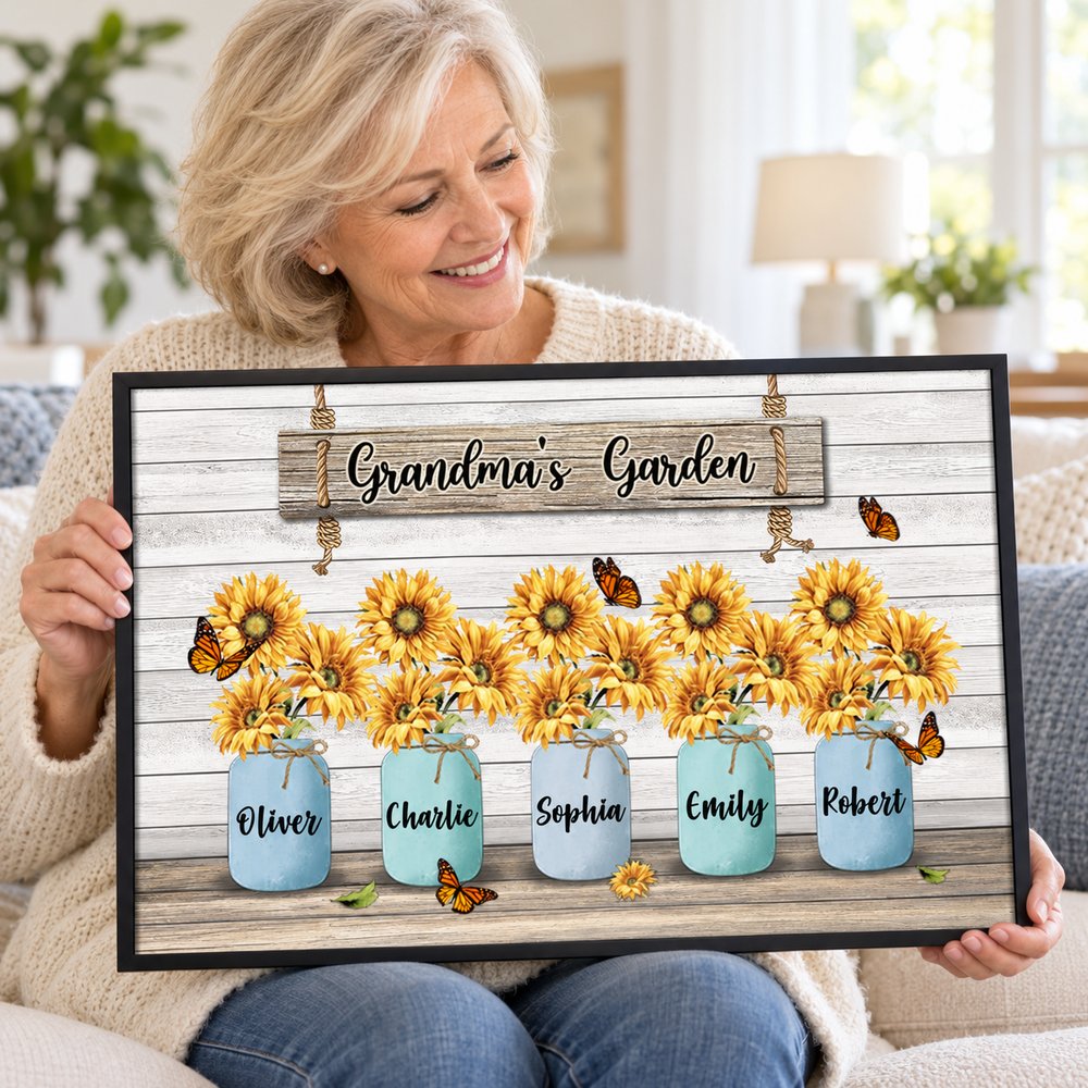 Happy grandma holding personalized Grandmas Garden sunflower mason jar framed wall art