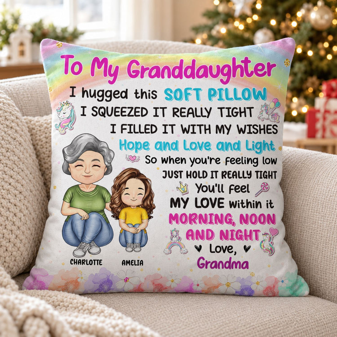 Personalized Grandma hugged this soft pillow on a cozy armchair by a Christmas tree