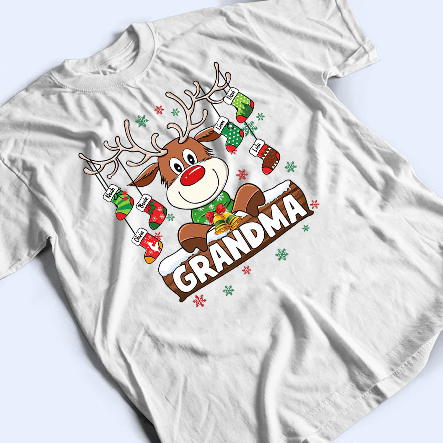 Grandma Reindeer With Christmas Socks - Personalized Custom T Shirt - Birthday, Loving, Funny Gift for Grandma/Nana/Mimi, Mom, Wife, Grandparent - Suzitee Store