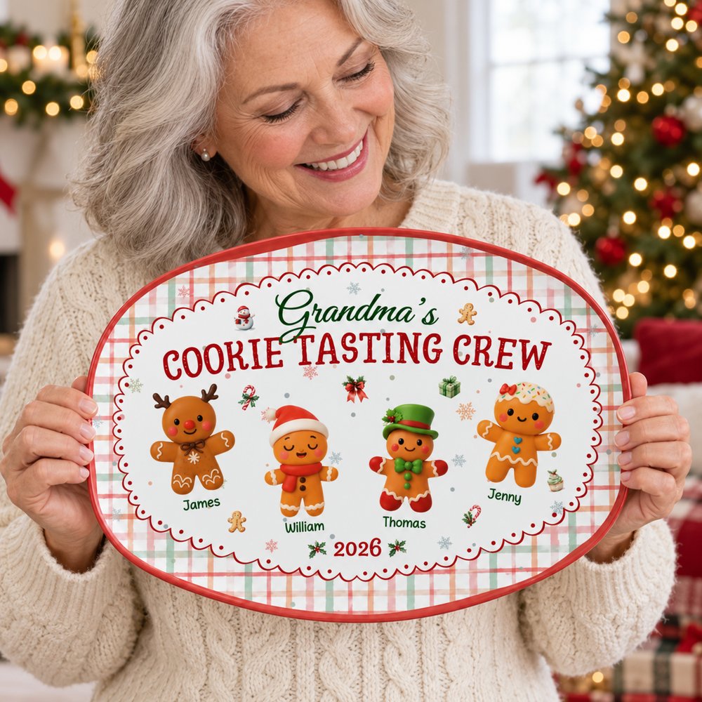 Grandma holding her personalized Cookie Tasting Crew Christmas platter in a festive living room