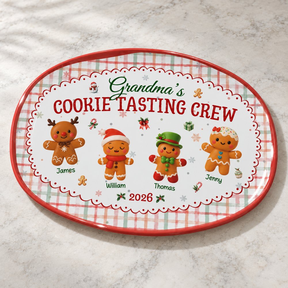 Close-up detail of the glossy finish and gingerbread print on the personalized Grandma platter