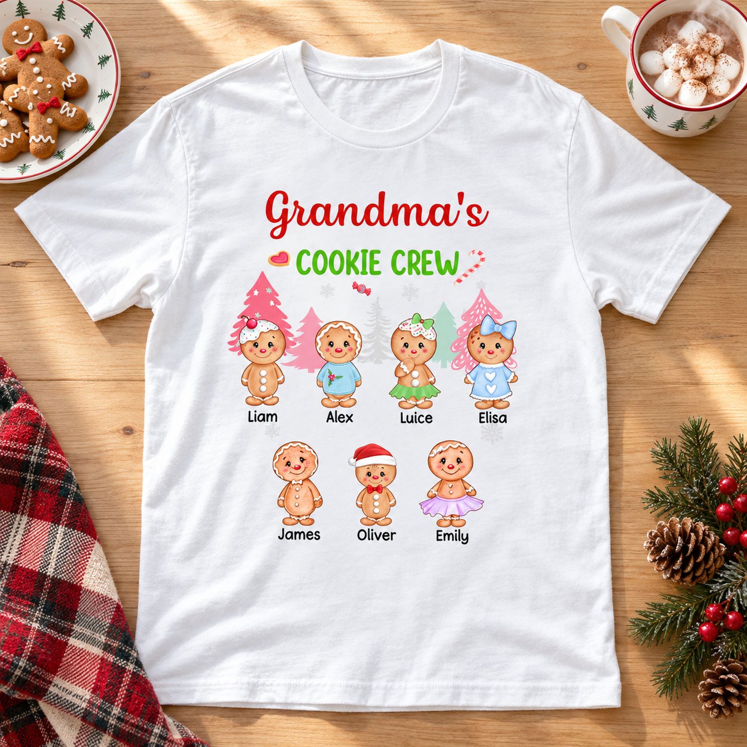 Personalized Grandma's Cookie Crew white t-shirt laid flat next to Christmas cookies