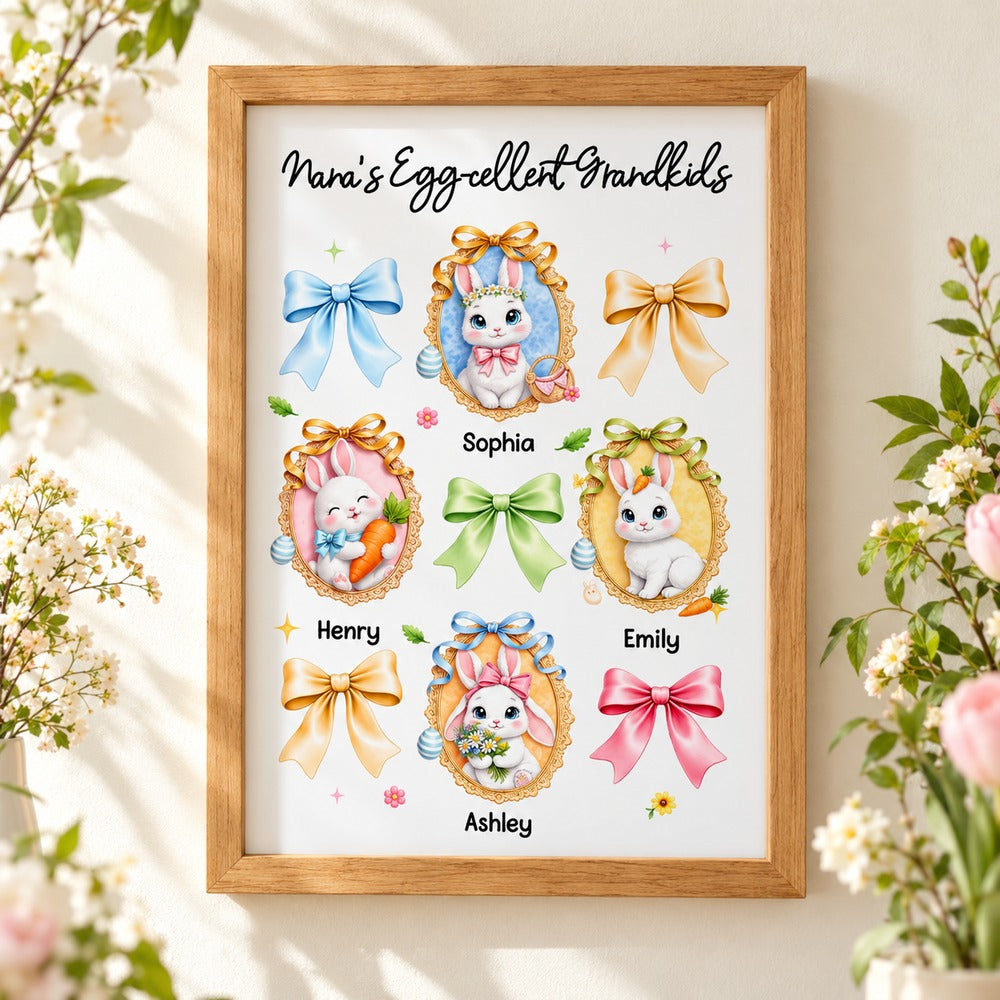 Nanas Egg-cellent Grandkids personalized Easter print on wall with spring greenery