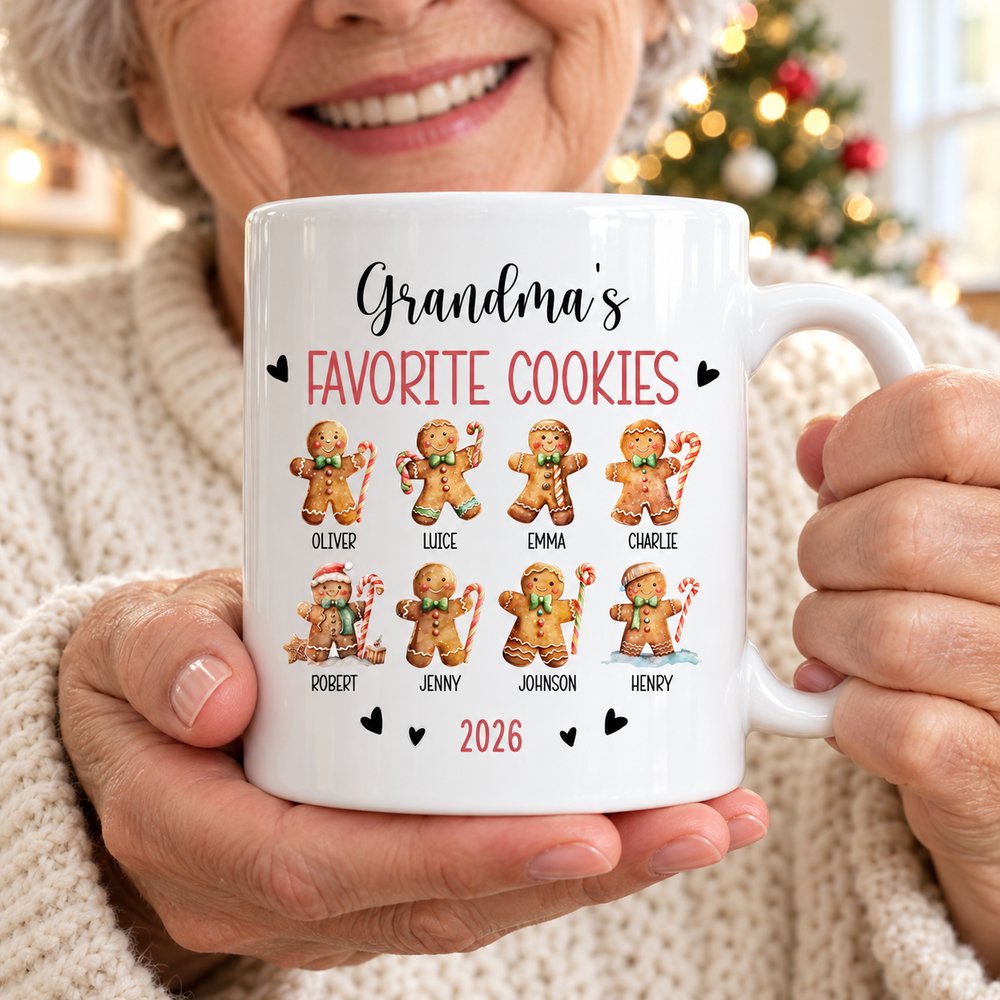 Grandma holding her personalized Grandmas Favorite Cookies Christmas ceramic mug in a bright holiday room