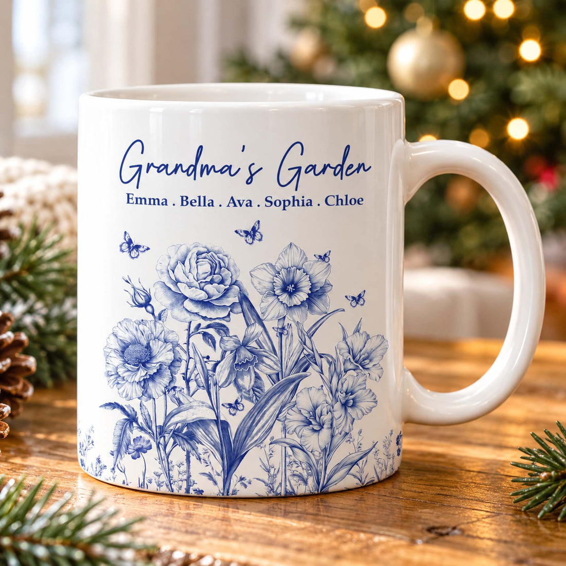 Custom Grandmas Garden birth flower ceramic mug on holiday table with Christmas tree lights