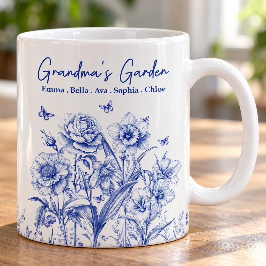 Close up detail of blue botanical birth flower print on Grandmas Garden ceramic mug