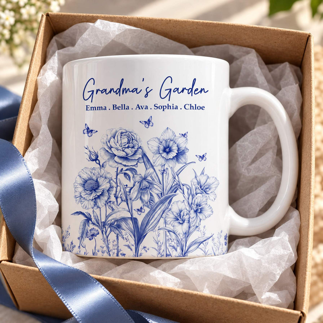 Personalized Grandmas Garden birth flower mug in open gift box with ribbon and tissue