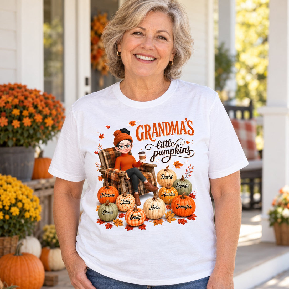 Grandma wearing personalized Grandmas Little Pumpkins white t-shirt on a sunny autumn porch