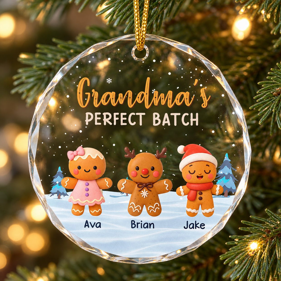 Grandmas Perfect Batch personalized circle glass ornament hanging on a Christmas tree branch