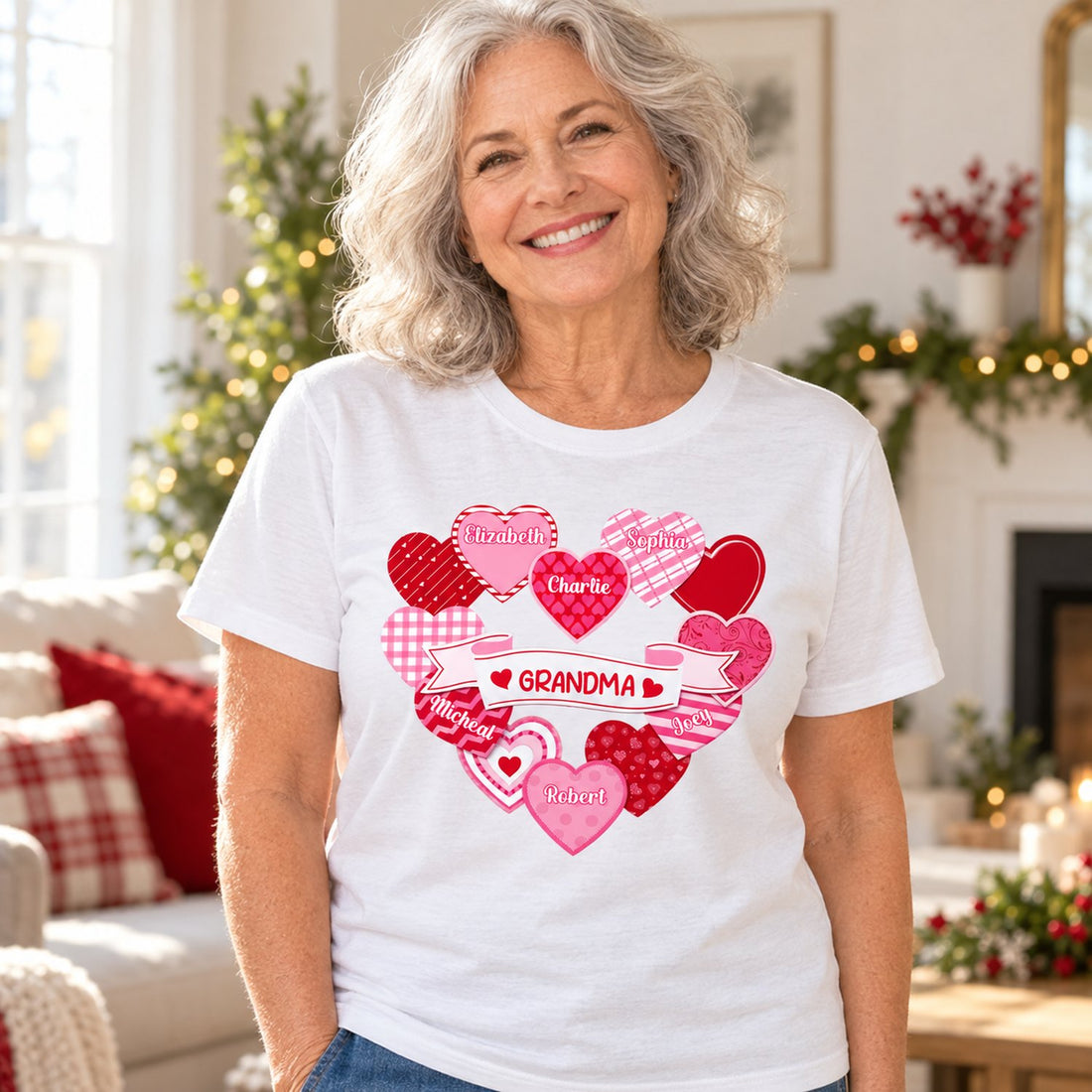 Grandma wearing personalized Grandmas Sweethearts Coquette custom t-shirt in a bright living room