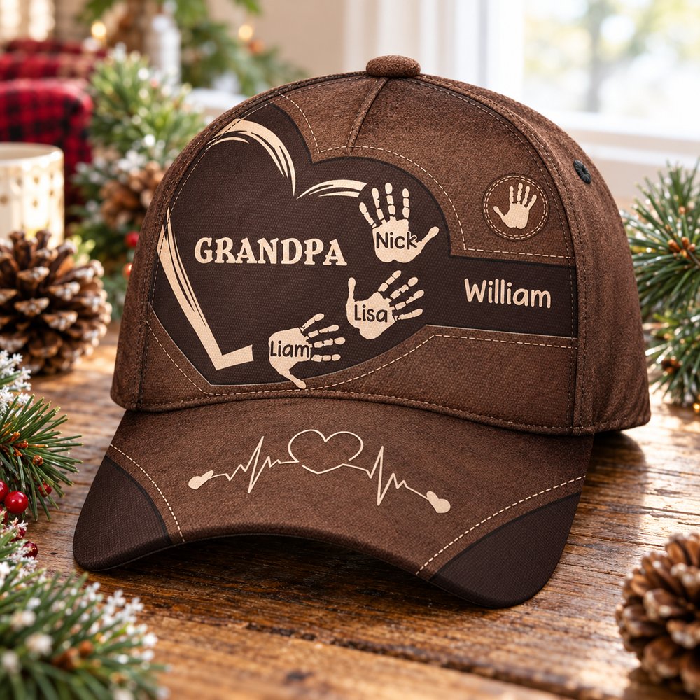 Personalized Grandpa handprints classic cap on wooden table with holiday decor