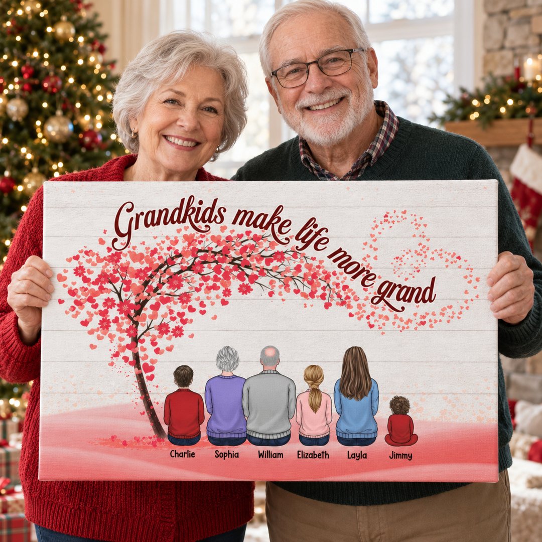 Grandparents holding personalized Grandkids Make Life More Grand canvas print on Christmas morning