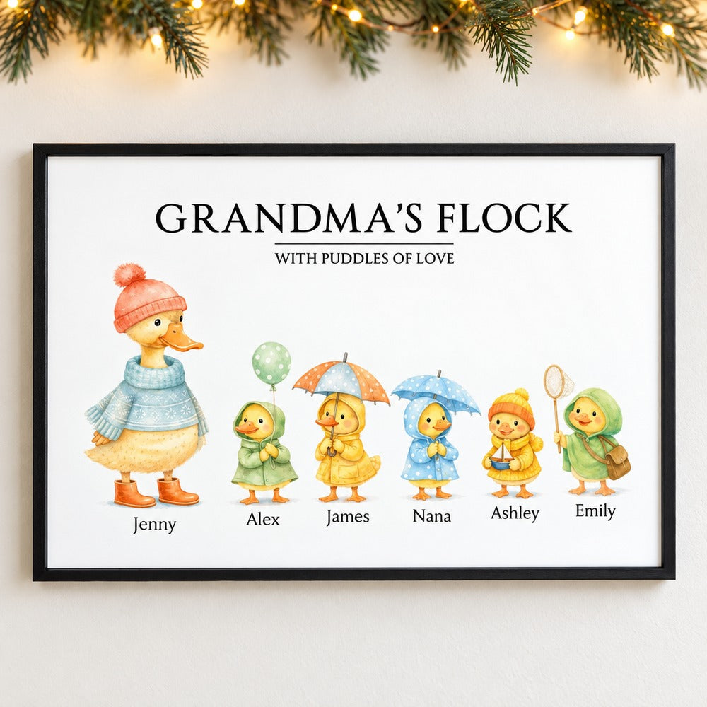 Grandmas Flock personalized framed poster hanging on wall with holiday garland