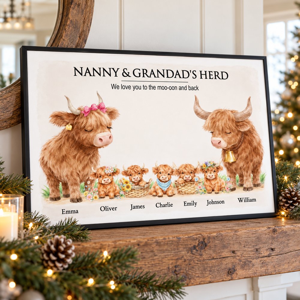 Grandparents Herd Highland Cow personalized framed print on a Christmas mantel