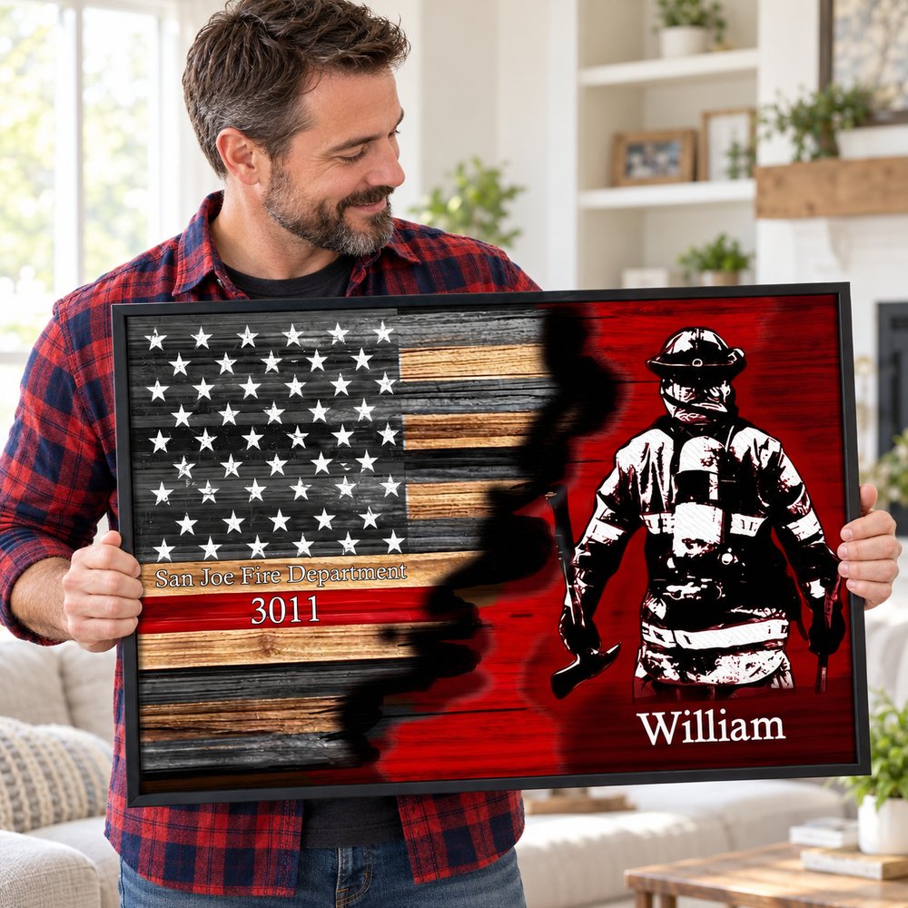 Firefighter dad holding his personalized Half Thin Red Line Bunker Gear canvas print
