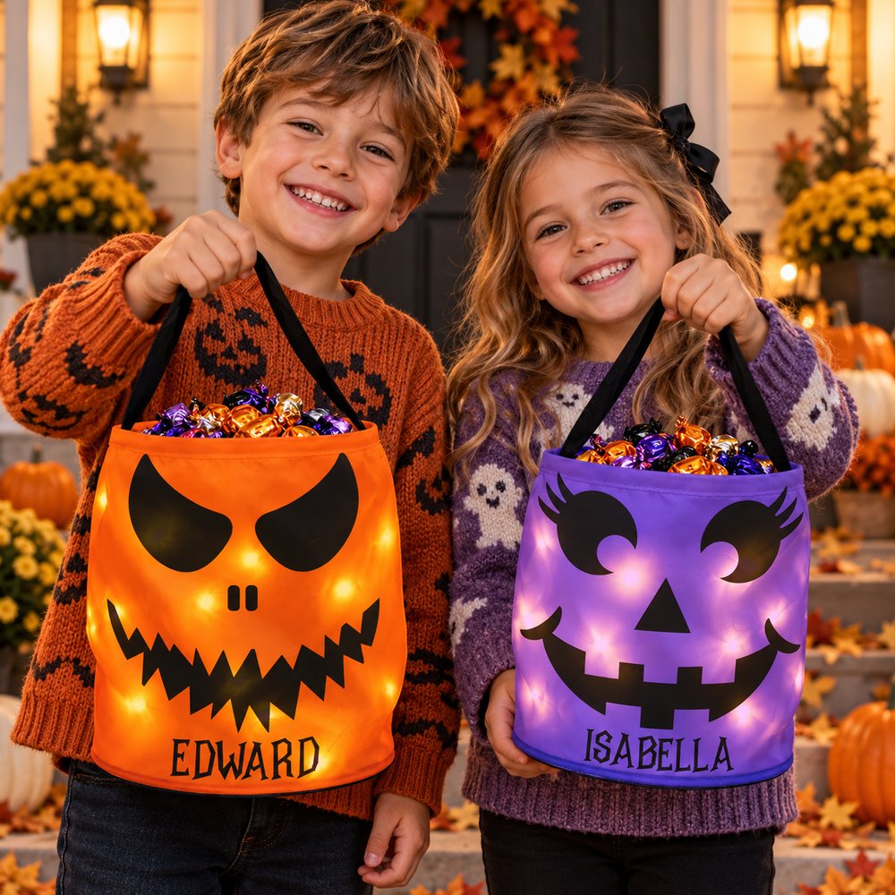 Kids holding personalized LED light Halloween pumpkin candy bags on autumn porch