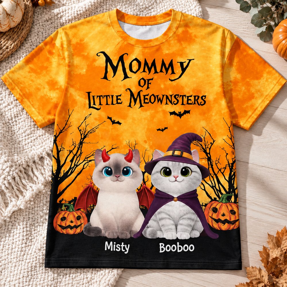 Close-up detail of fabric texture and vibrant print on Halloween cat mom all-over print t-shirt
