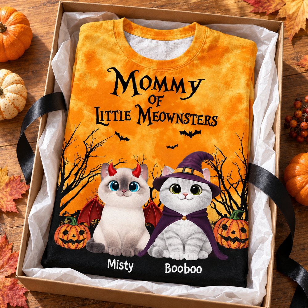 Personalized Halloween cat mom all-over print t-shirt folded in a gift box with autumn pumpkins