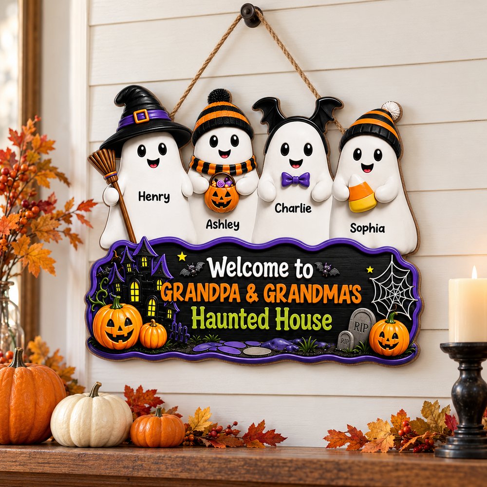 Halloween Grandma Grandpa haunted house wood sign hanging above an autumn fireplace mantel