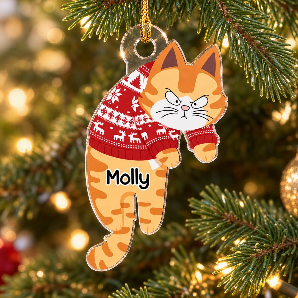 Hanging Cats custom shaped acrylic ornament Molly variant hanging on a Christmas tree branch