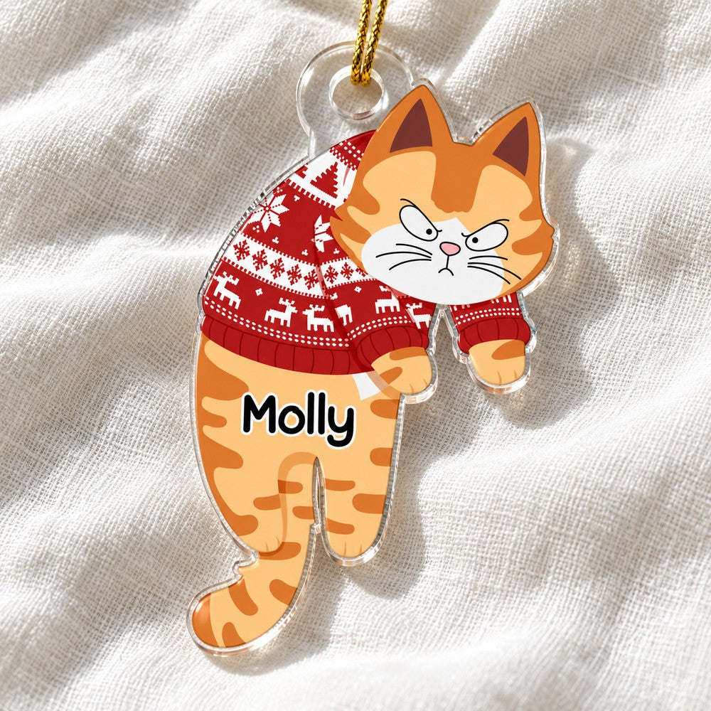 Close-up detail of custom shaped cat acrylic ornament showing glossy finish and clear cut edges