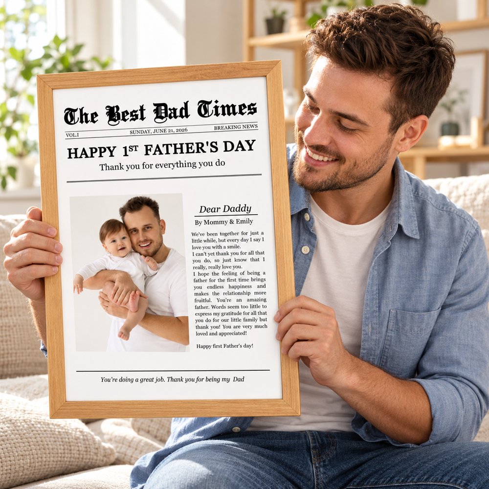Young new dad holding personalized Happy 1st Fathers Day newspaper style framed print