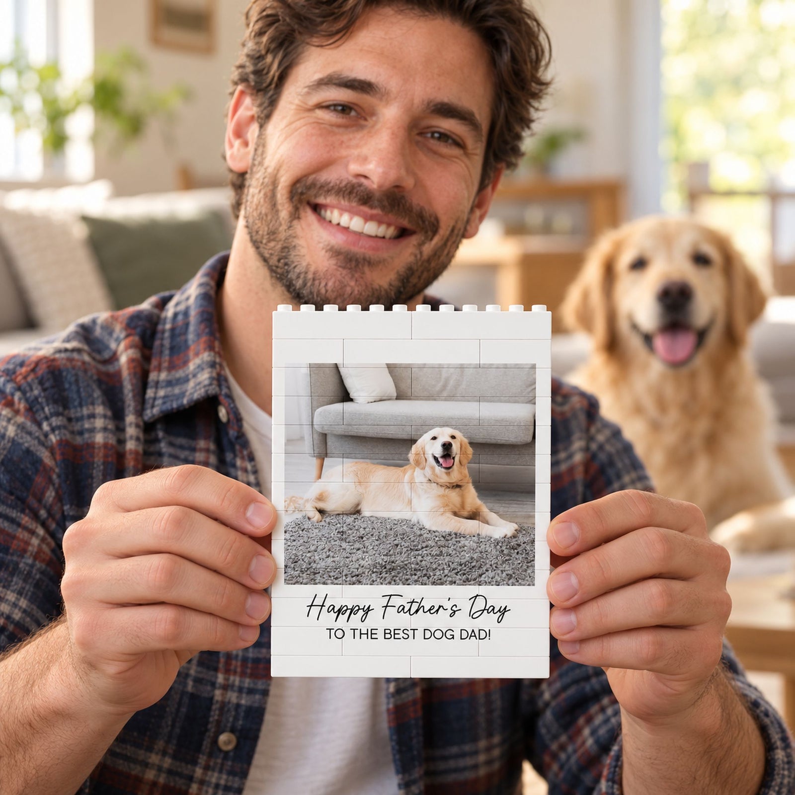 Dog Dad holding personalized Father's Day building brick photo block with golden retriever in background