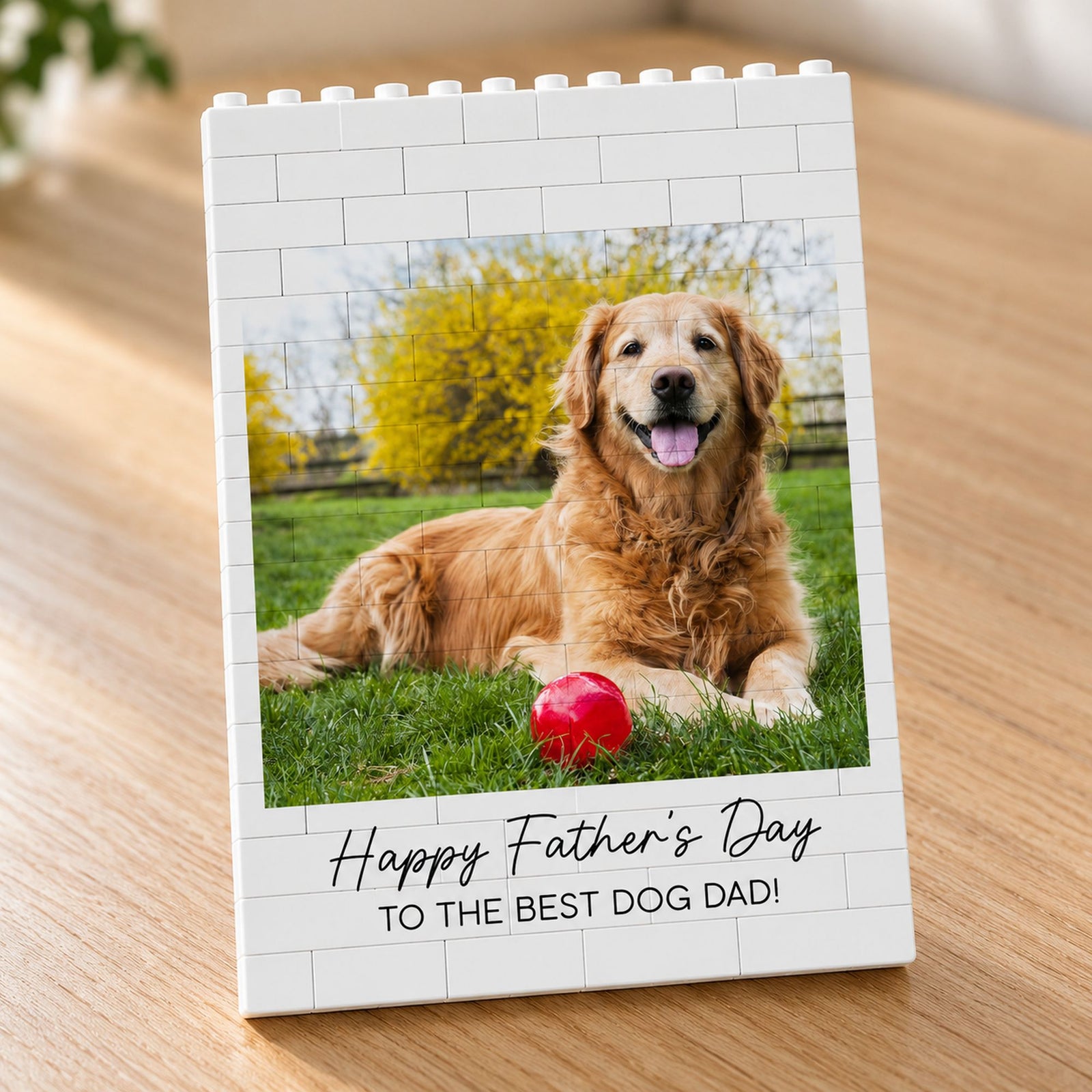 Close-up detail of UV print and interlocking seams on personalized Dog Dad building brick block