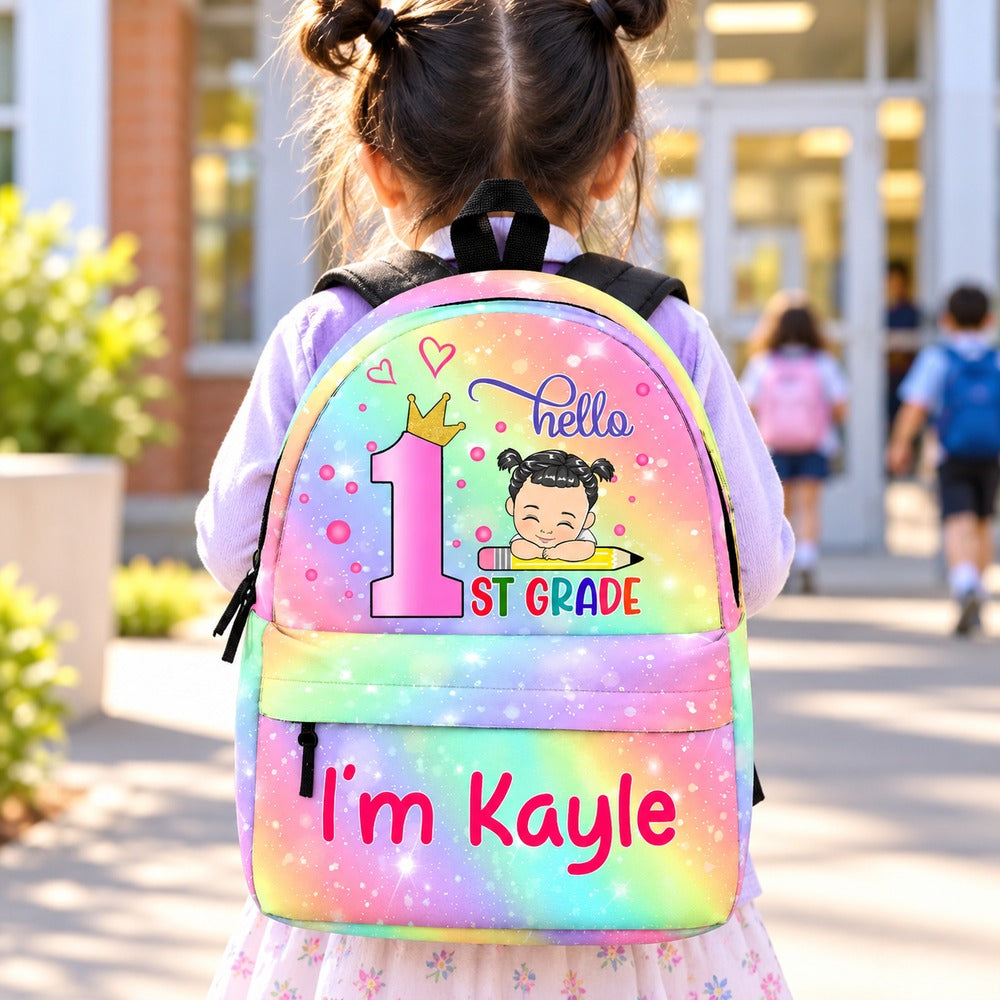 Young schoolgirl wearing the Hello School personalized rainbow backpack on her way to 1st grade