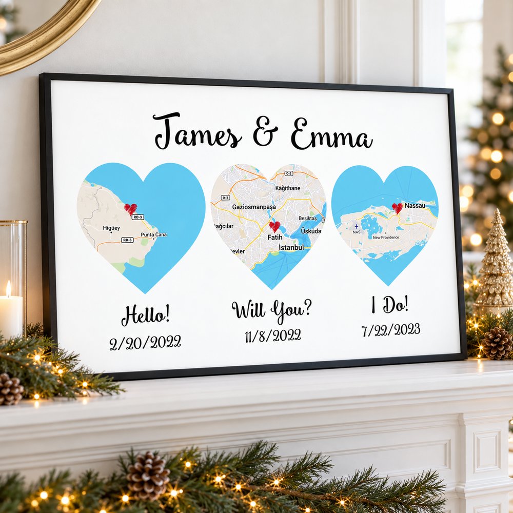 Personalized Hello Will You I Do map wall art displayed on a holiday mantel