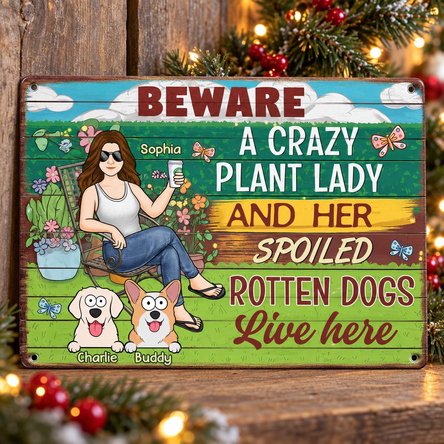 Personalized plant lover and dog mom metal sign displayed with festive pine garland and holiday lights