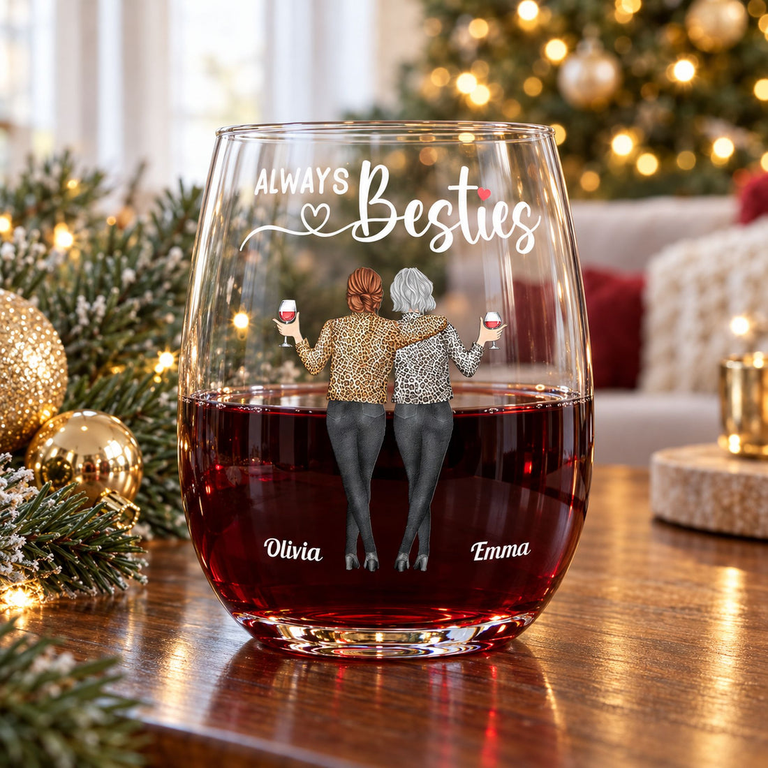 Personalized besties stemless wine glass with red wine on a festive holiday table near a Christmas tree