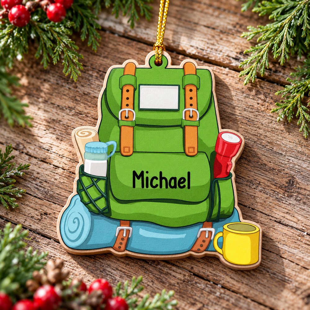 Custom hiking backpack wood ornament lying flat on a rustic wooden surface with cedar greenery