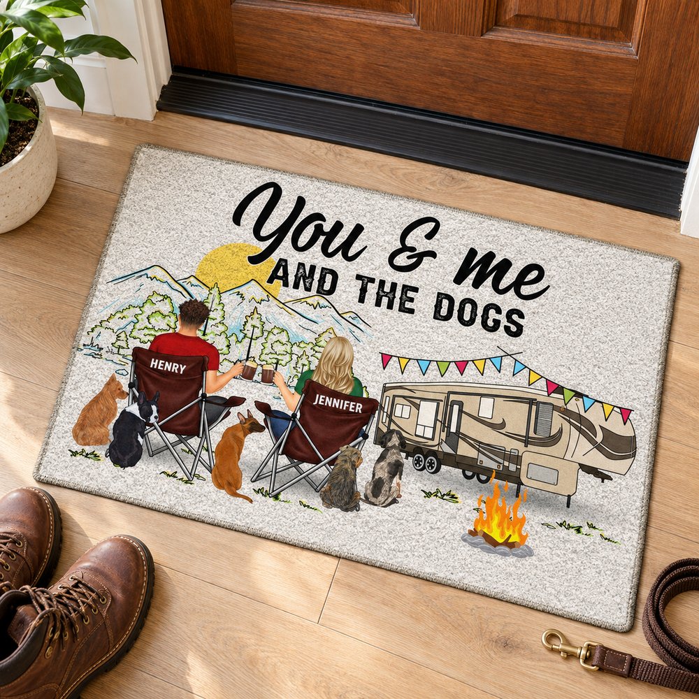 Personalized camping couple doormat next to adult boots and dog leash for size scale