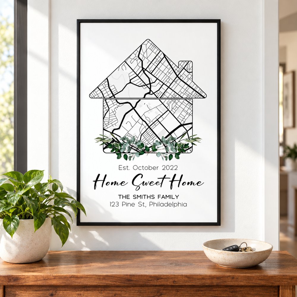 Personalized Housewarming Gift framed map poster displayed above an entryway console table