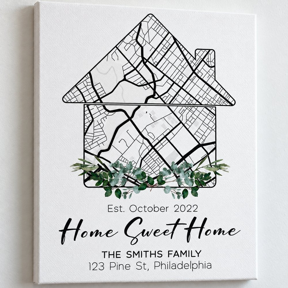 Close up detail of Custom Home Map canvas texture showing street lines and eucalyptus leaves